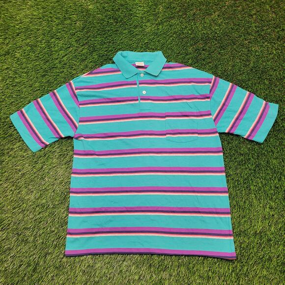 Vintage 80s Andhurst Striped Polo Shirt Medium Made in USA Skater Vaporwave - Picture 1 of 13